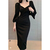 Lucky Life Lucky Life Kadın Uzun Kollu Kalp Yakalı Midi Ithal Krep Elbise