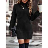 Lucky Life Kadın Uzun Kollu Boğazlı Uzun Balon Kol Triko Mini Elbise