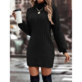 Lucky Life Kadın Uzun Kollu Boğazlı Uzun Balon Kol Triko Mini Elbise