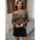 Lucky Life Kadın Uzun Kollu V Yaka Düşük Omuz Geometrik Desen şardonlu Dalgıç Bluz