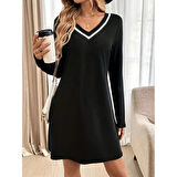 Lucky Life Kadın Uzun Kollu V şerit Yakalı Kısa Viskon Iki Iplik Elbise