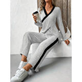 Lucky Life Kadın Uzun Kollu V Yakalı çapraz Detaylı şardonlu Kaşkorse Bluz Ve Pantolon Ikili Takım