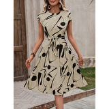 Lucky Life Kadın Kısa Yarasa Kollu Yuvarlak Yaka Beli Büzgülü Süprem Elbise