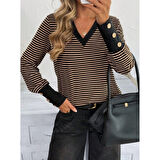 Lucky Life Kadın Uzun Kollu V Yakalı Desenli Süprem Bluz