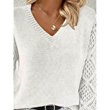 Lucky Life Lucky Life Kadın Uzun Kollu V Yaka Kol Delikli Baklava Desen Detaylı Triko Kazak