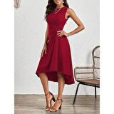 Lucky Life Kadın Sıfır Kollu Bisiklet Yaka Büzgülü Asimetrik Kesim Detaylı Janjan Krep Elbise