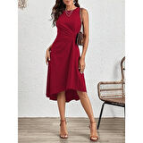 Lucky Life Kadın Sıfır Kollu Bisiklet Yaka Büzgülü Asimetrik Kesim Detaylı Janjan Krep Elbise