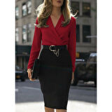 Lucky Life Kadın Uzun Kollu Kruvaze Yaka Janjan Krep Midi Elbise