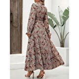 Lucky Life Kadın Uzun Kollu V Yakalı Beli Lastikli Desenli Süprem Elbise