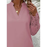 Lucky Life Kadın Uzun Kollu Hakim Yaka Kolları Dantel Detaylı Ithal Krep Bluz