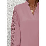 Lucky Life Kadın Uzun Kollu Hakim Yaka Kolları Dantel Detaylı Ithal Krep Bluz