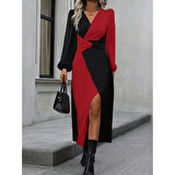 Lucky Life Kadın Uzun Kollu Kruvaze Yakalı Belden çapraz Detaylı çift Renkli Midi Ithal Krep Elbise