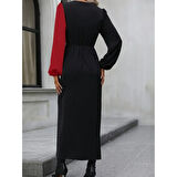 Lucky Life Kadın Uzun Kollu Kruvaze Yakalı Belden çapraz Detaylı çift Renkli Midi Ithal Krep Elbise