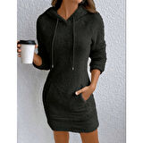 Lucky Life Kadın Uzun Kollu Kapşonlu Cepli Mini Peluş Elbise