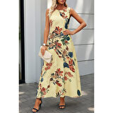 Lucky Life Kadın Askılı Yuvarlak Yaka Cepli Desenli Süprem Elbise