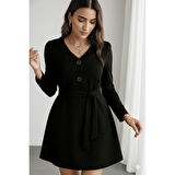 Lucky Life Kadın Uzun Kollu Düğme Detaylı Kendinden Kemerli Ithal Krep Elbise