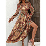 Lucky Life Kadın Uzun Kollu V Yakalı Beli Lastikli Desenli Süprem Elbise