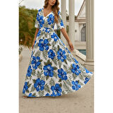 Lucky Life Kadın Kısa Kollu V Yakalı Desenli Süprem Elbise