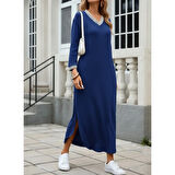 Lucky Life Kadın Uzun Kollu V Yakalı Yanlardan Yırtmaçlı Uzun Viskon Iki Iplik Elbise