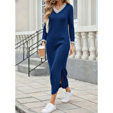 Lucky Life Kadın Uzun Kollu V Yakalı Yanlardan Yırtmaçlı Uzun Viskon Iki Iplik Elbise