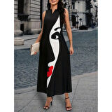 Lucky Life Kadın Sıfır Kol V Yakalı Lucky Life Kadın Yüz Desenli Süprem Elbise