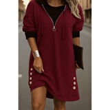 Lucky Life Lucky Life Kadın Uzun Kollu Kapşonlu önden Fermuarlı Düğmeli Mini Iki Iplik Elbise