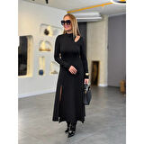 Lucky Life Kadın Balıkçı Yaka Damla Detaylı Yırtmaçlı Uzun Viskon Iki Iplik Maxi Elbise