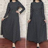 Lucky Life Kadın Siyah Tam Boy Beyaz Puantiyeli Elbise