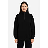 Lucky Life Üç İplik Dık Yaka Yarım Fermuarlı SweatShirt - Siyah