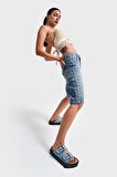 Kadın Tint Kot Rengi Baggy Fit Midi Boy Denim Şort