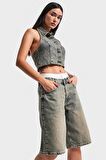 Kadın S Tint Kot Rengi Boxer Detaylı 60cm Palazzo Denim Şort