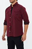 Erkek Bordo Slim Fit Dar Kalıp Çift Cepli Pamuklu Kot Gömlek