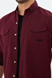 Erkek Bordo Slim Fit Dar Kalıp Çift Cepli Pamuklu Kot Gömlek