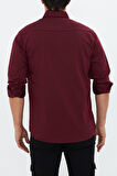 Erkek Bordo Slim Fit Dar Kalıp Çift Cepli Pamuklu Kot Gömlek