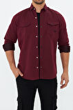 Erkek Bordo Slim Fit Dar Kalıp Çift Cepli Pamuklu Kot Gömlek