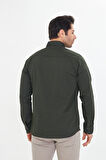 Erkek Haki Slim Fit Dar Kalıp Çift Cepli Pamuklu Kot Gömlek