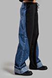 Kadın Kot Rengi 2w45 Örme Denim Parçalı Loose Fit Tasarım Pantolon