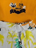 Erkek Çocuk Hello Baskılı Sarı T-Shirt  Palmiye Desenli Şort %100 Pamuk İkili Takım
