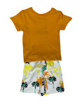 Erkek Çocuk Hello Baskılı Sarı T-Shirt  Palmiye Desenli Şort %100 Pamuk İkili Takım
