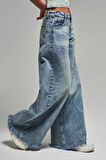 Kadın Kot Rengi 12s5-32 Palazzo Fit Paça Püsküllü %100 Koton Orta Bel Denim Jean