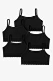 Kız Çocuk 5'li Dantel Detaylı Basic İnce Askılı Büstiyer Siyah