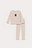 Kız Çocuk Teddy Desenli Pijama Takımı Ekru