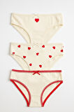 Kız Çocuk Kalpli 3'lü Slip Külot Ekru