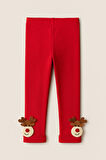Çocuk Geyik Aksesuarlı Tayt Pantolon Kırmızı