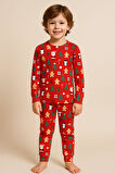 Çocuk Yılbaşı Temalı Pijama Takımı Kırmızı