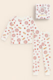 Kız Çocuk Gülen Yüz Desenli Kutulu Pijama Takımı Ekru