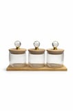 Kristal Kulplu Cam Kavanoz (8x8 cm) Seti 3’lü – Bambu Kapaklı & Ahşap Altlıklı Dekoratif Saklama Kabı