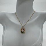 Çelik Vintage Sanat Kolye Serisi: Renkli Tablo Çiçek Detay - Gold