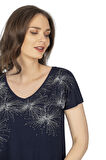 Özkan 25501 Kadın Vorteks Viskon Premium Kumaş Örme Bluz Önü Baskılı Likralı V Yaka Kısa Kollu 