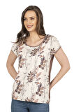 Özkan 26547 Kadın Vorteks Viskon Premium Kumaş Önü Baskılı Likralı Kısa Kollu Örme Bluz